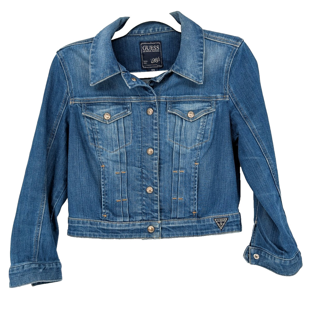 VTG Y2K Guess Jeans Pleated Snap Front Logo‎ Crop Denim Trucker Western Jacket M